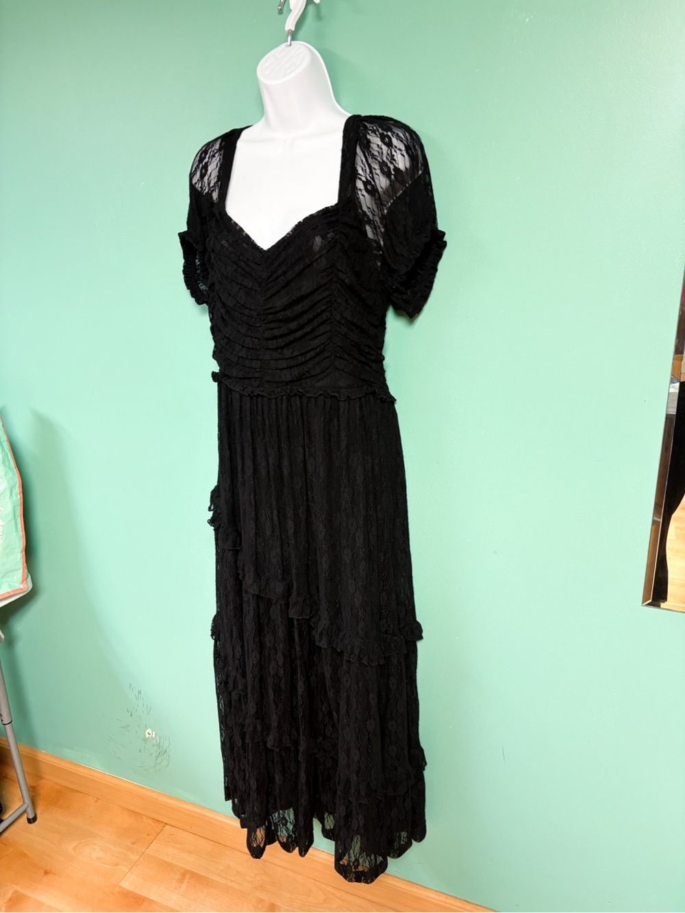 NWT AE American Eagle Mixed Knit Lace Bodice Midi Romper Dress Black Size L NEW - Picture 6 of 12